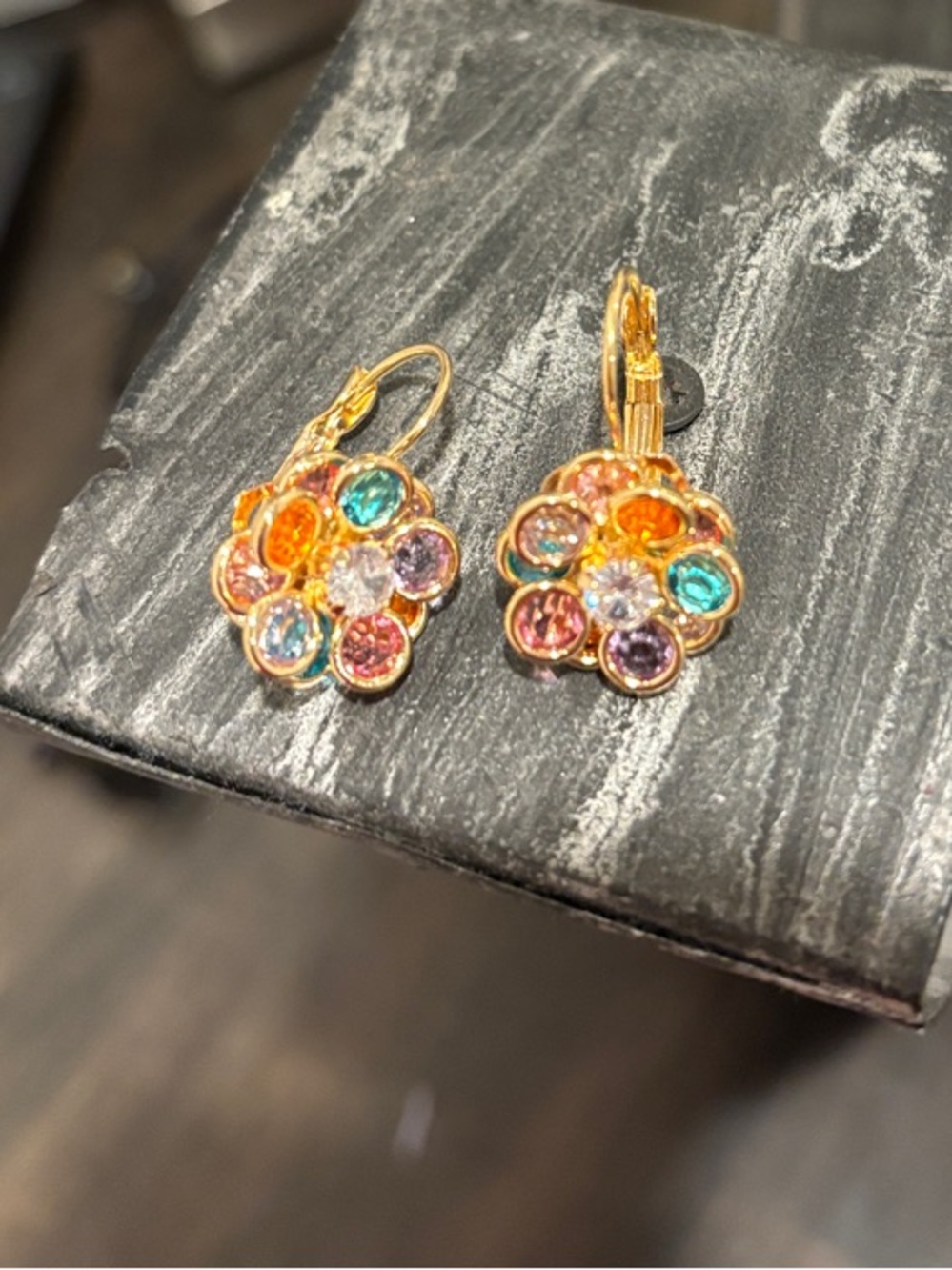Gold Flower Cluster Drop Earrings with Multicolor Gemstones